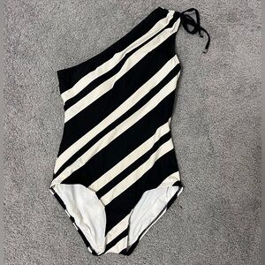 DKNY One Piece - Black & Off White Stripe One Shoulder Swimsuit - Size 8